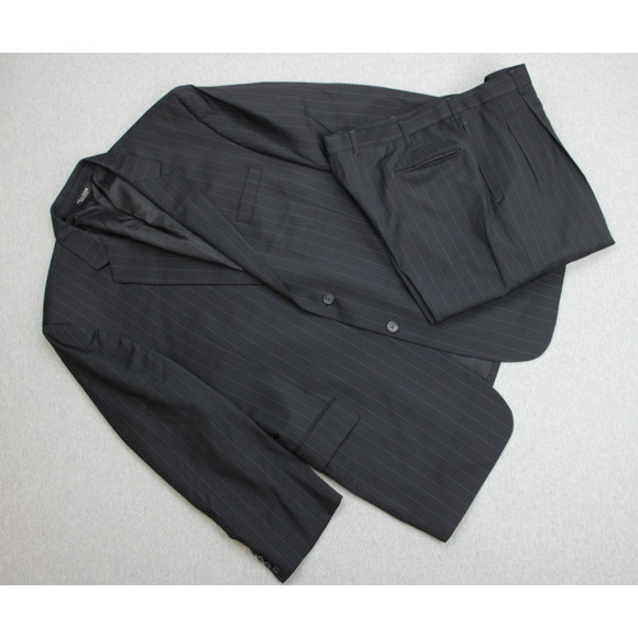 Jos A Bank Suit Mens 48L Black Pinstripe 100% Wool Pants Cuffed Pleated 38 x 30